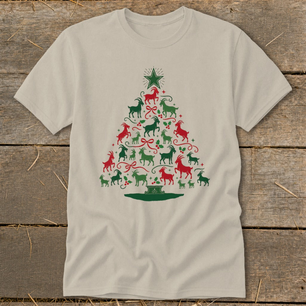Light beige t-shirt with a Christmas tree design made of red and green goats.