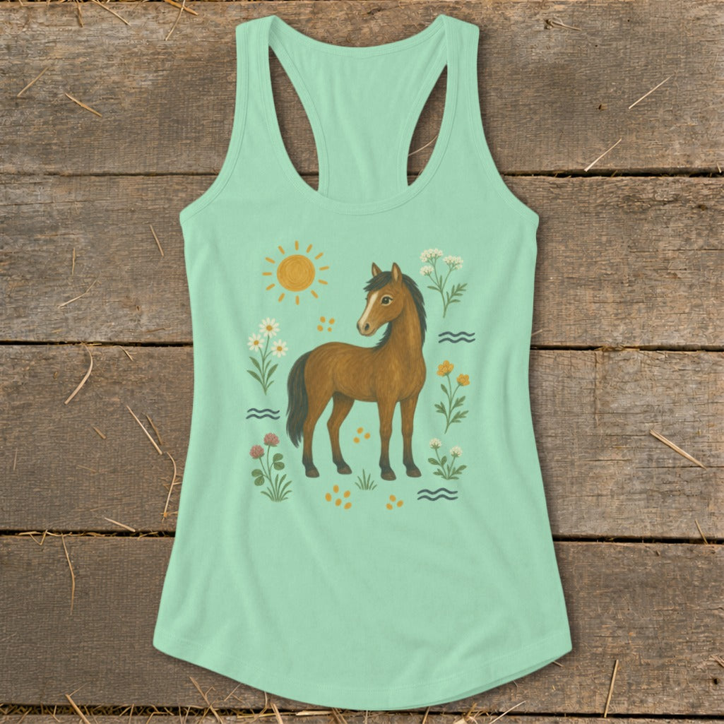 Mint green tank top with a brown horse, sun, and flowers graphic.