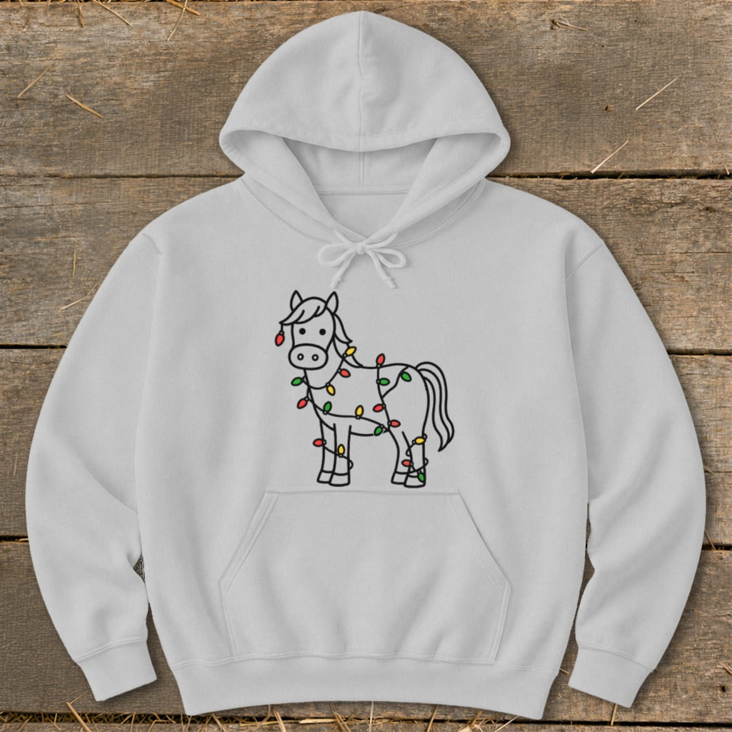 White hoodie with a black line drawing of a horse wrapped in colorful Christmas lights.