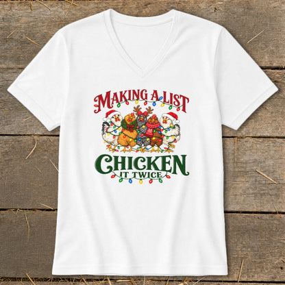 White v-neck t-shirt with "Making a list, chicken it twice" text and cartoon chickens.