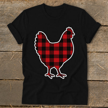 Black t-shirt with red and black buffalo plaid chicken design