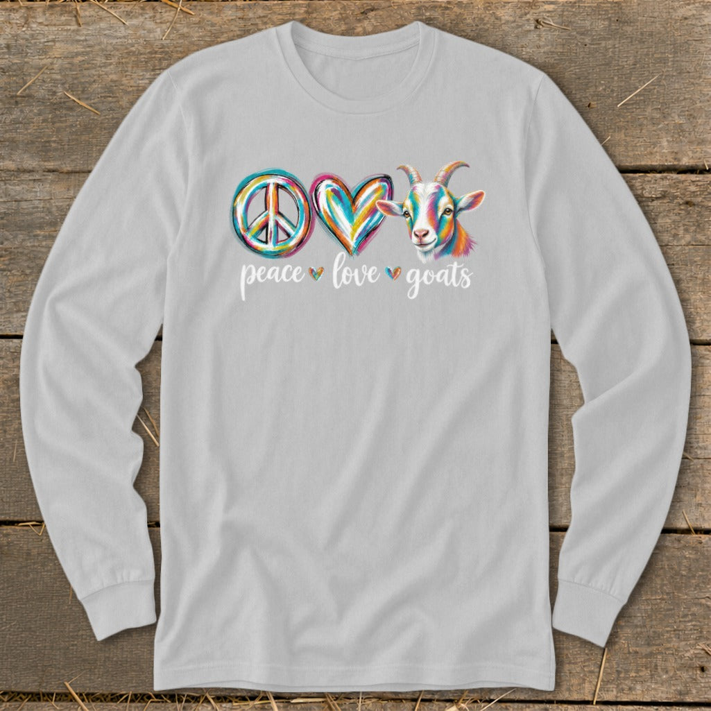 Peace, love, and goats graphic with colorful peace sign, heart, and goat on a light gray long-sleeve shirt.
