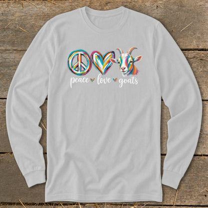 Peace, love, and goats graphic with colorful peace sign, heart, and goat on a light gray long-sleeve shirt.