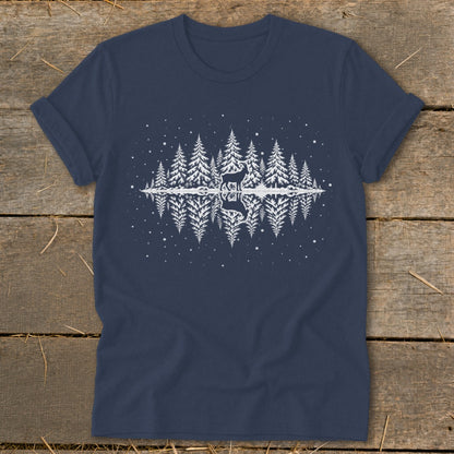 Navy t-shirt with white graphic of deer and pine trees reflected in water.