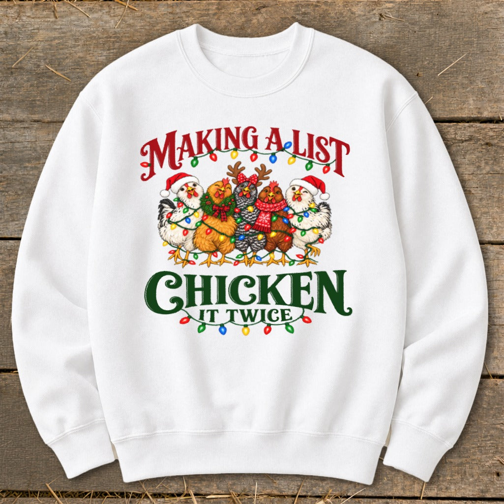 Christmas chickens wearing Santa hats and lights with text "Making a list and chicken it twice."