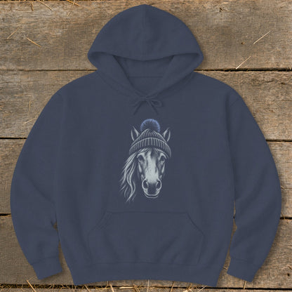 Navy hoodie with a sketch of a horse wearing a beanie and pompom.