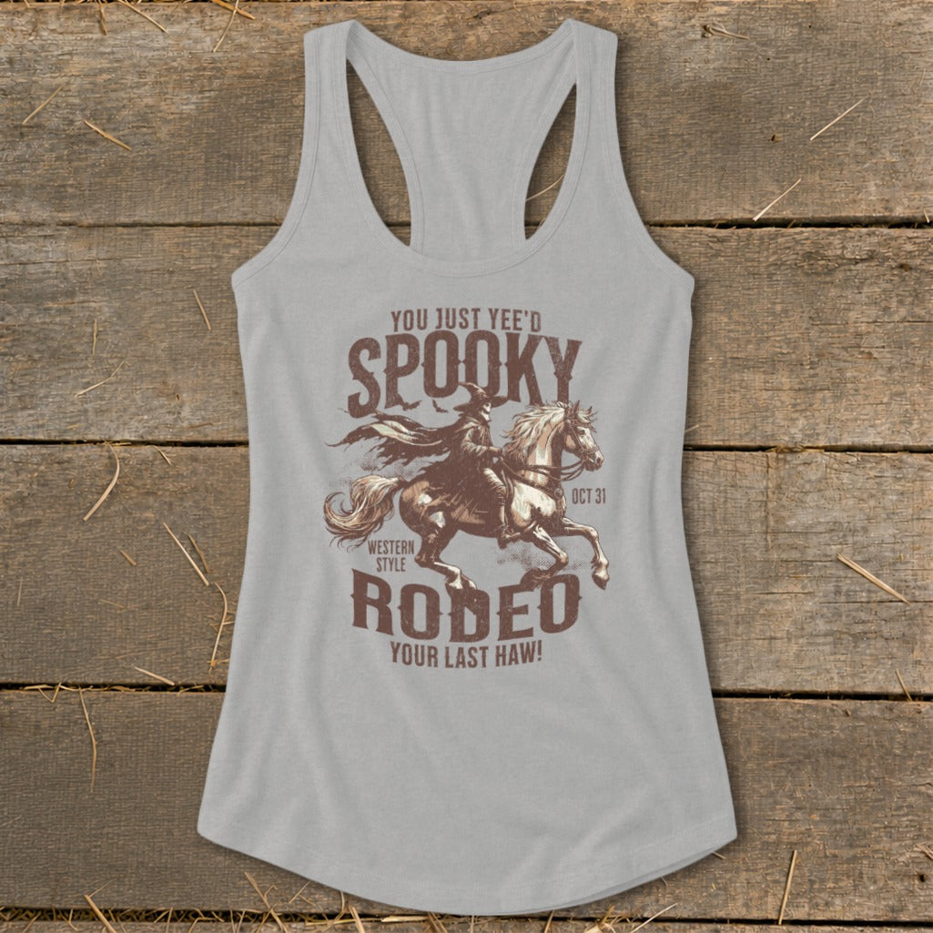 Gray tank top with a spooky western rodeo graphic and text.