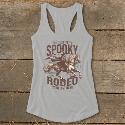 Gray tank top with a spooky western rodeo graphic and text.