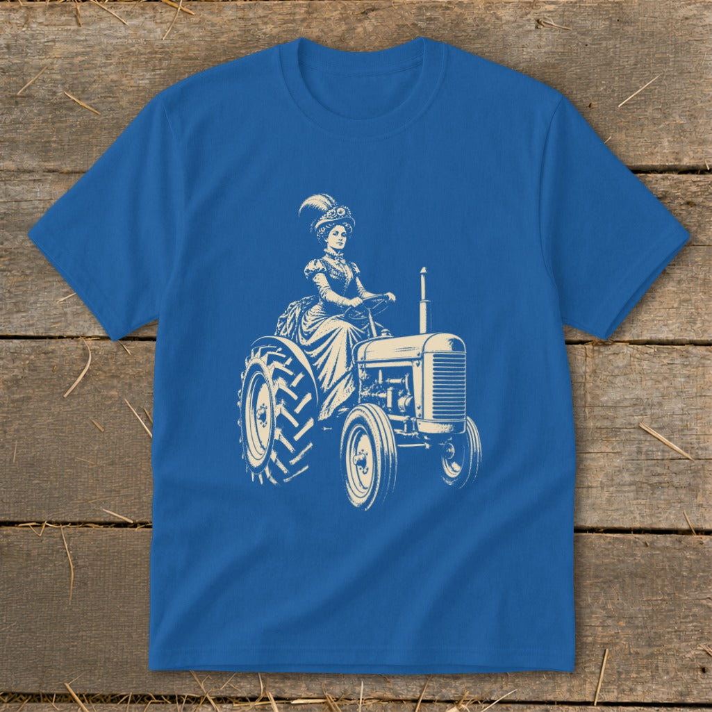 Vintage illustration of a woman in a feathered hat driving a tractor.