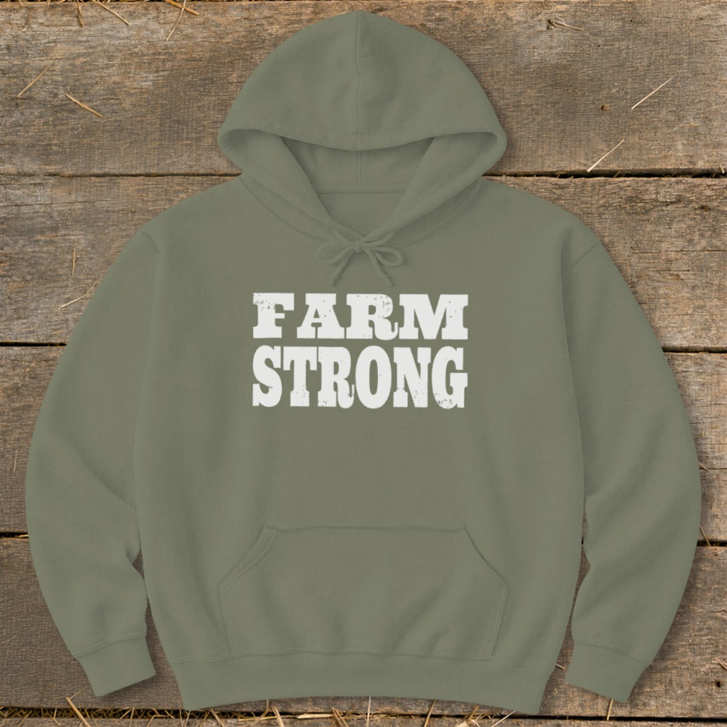An olive green hooded sweatshirt with the text FARM STRONG printed in distressed white letters across the chest.