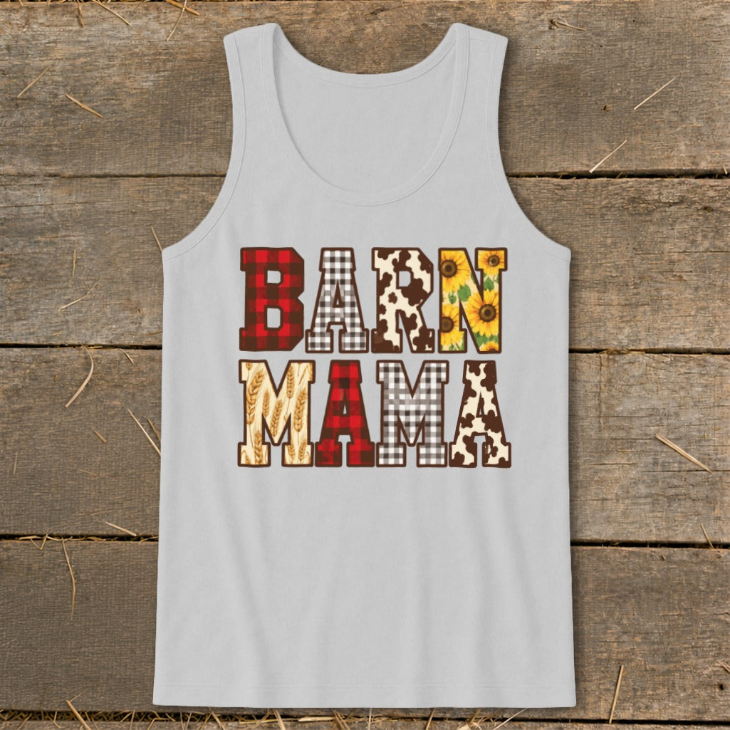 Light gray tank top with "BARN MAMA" in patterned, textured letters.