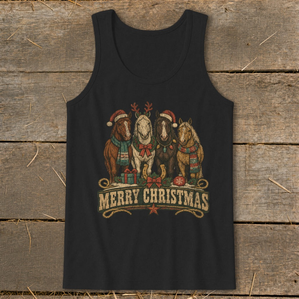 Four horses wearing Santa hats and scarves with "Merry Christmas" text.