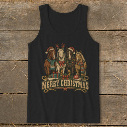 Four horses wearing Santa hats and scarves with "Merry Christmas" text.