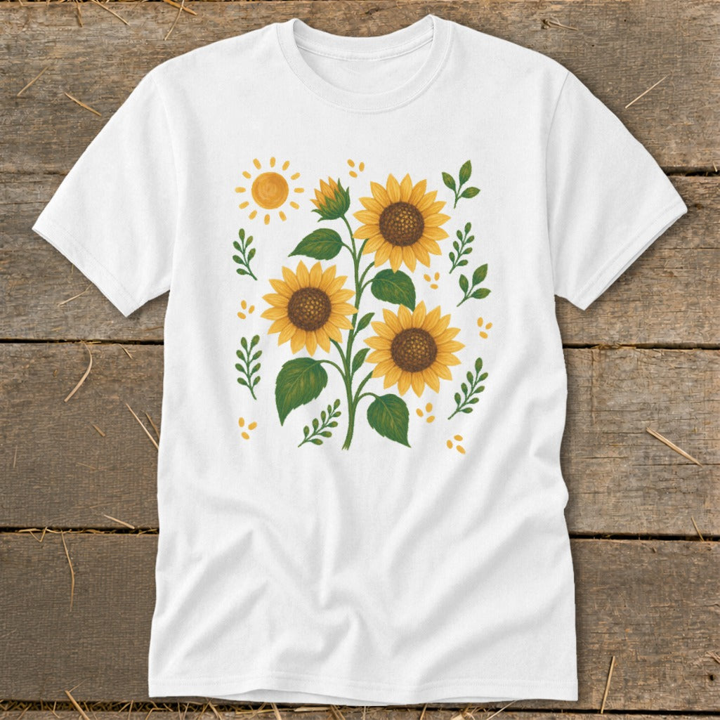 White t-shirt with a watercolor-style sunflower and sun graphic design.