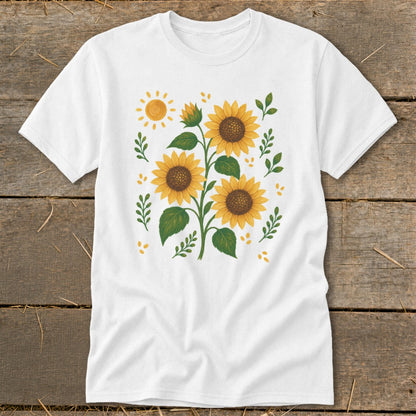 White t-shirt with a watercolor-style sunflower and sun graphic design.