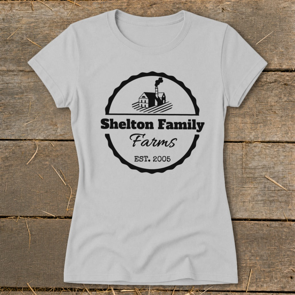 Grey t-shirt with "Shelton Family Farms EST. 2005" logo featuring a house and chimney.