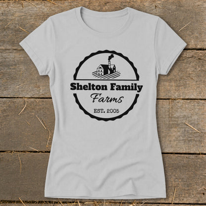 Grey t-shirt with "Shelton Family Farms EST. 2005" logo featuring a house and chimney.