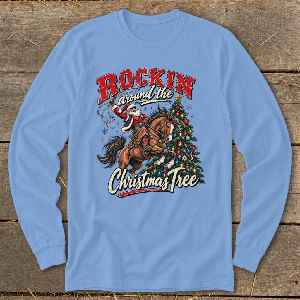 Santa on horseback lassoing a Christmas tree with text "Rockin' Around the Christmas Tree".