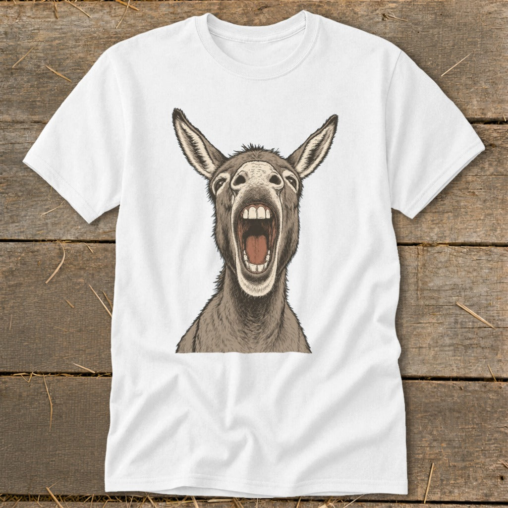 White t-shirt with a drawing of a donkey with its mouth wide open.