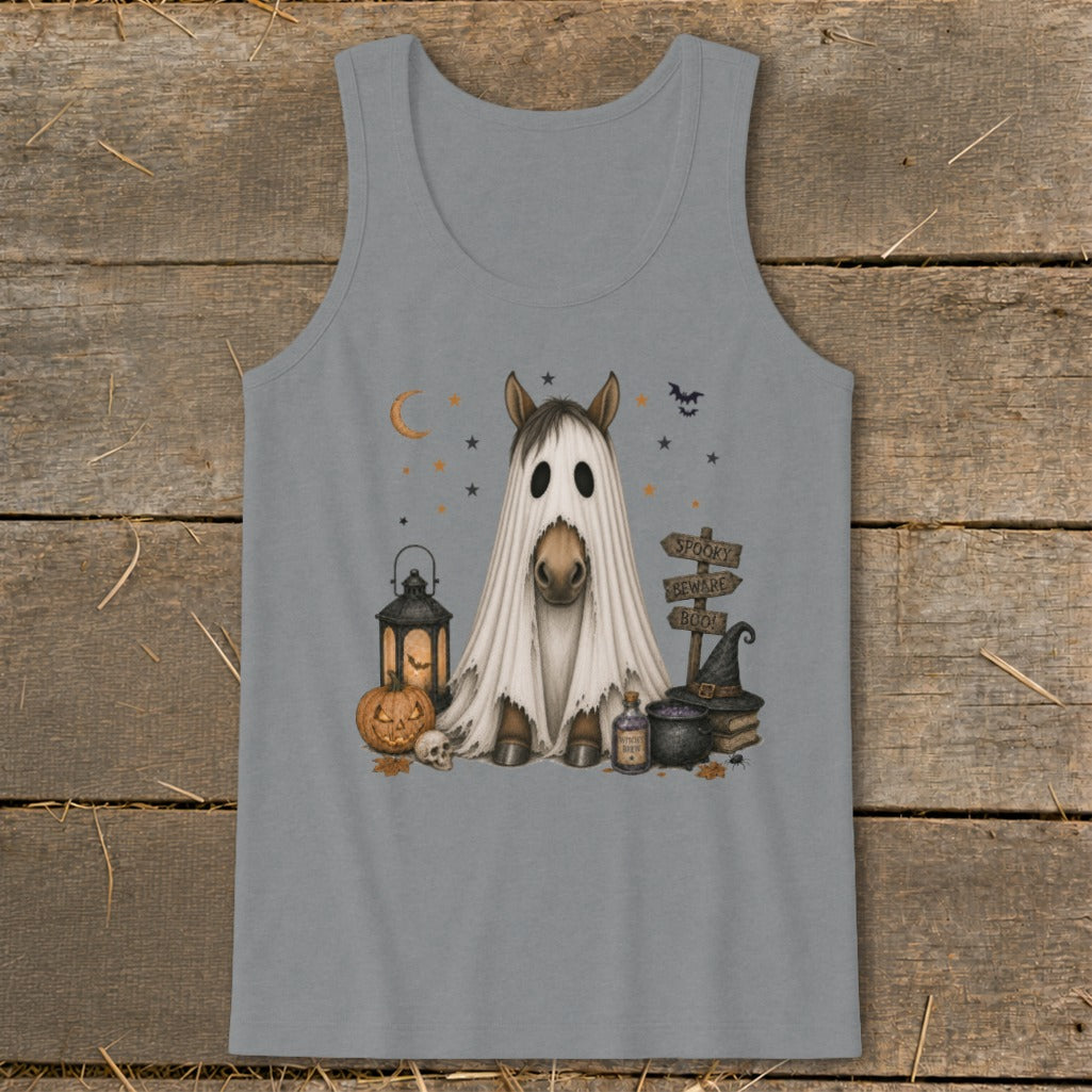 Horse dressed as a ghost with spooky Halloween decor, including a pumpkin and sign.