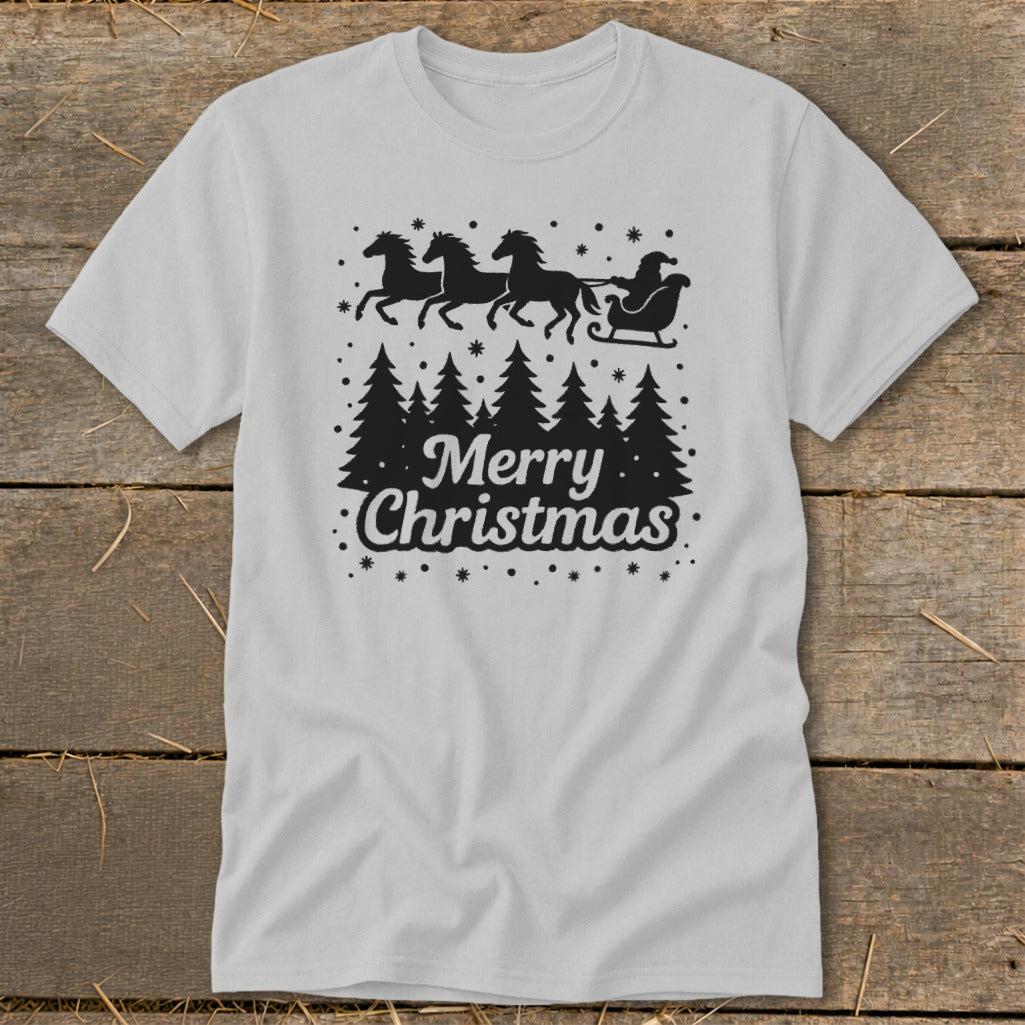 Light gray t-shirt with black Santa, sleigh, horses, trees, and "Merry Christmas" text.