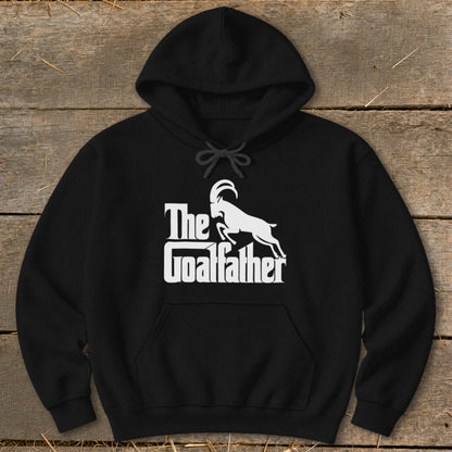 Black hoodie with white "The Goatfather" text and goat graphic.