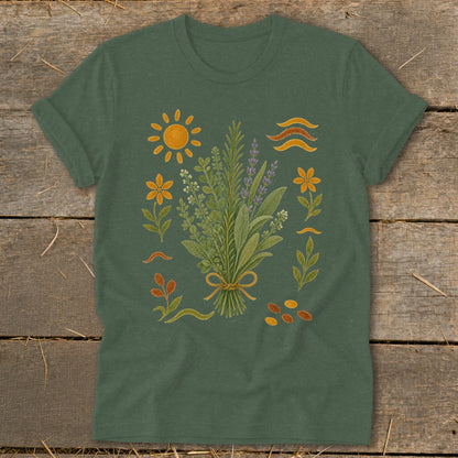 Green t-shirt with a botanical illustration of herbs, flowers, sun, and seeds.
