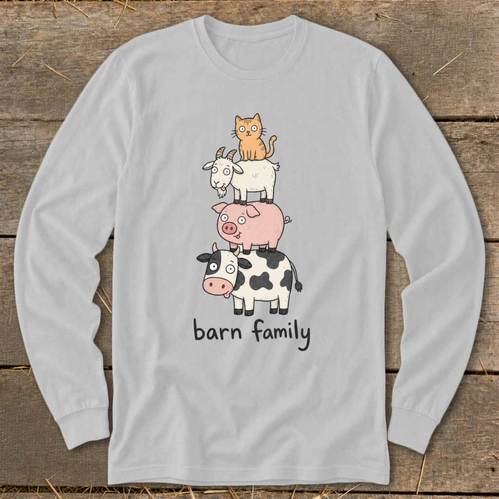 Light grey long-sleeve shirt with cartoon cow, pig, goat, and cat stacked, text reads "barn family."