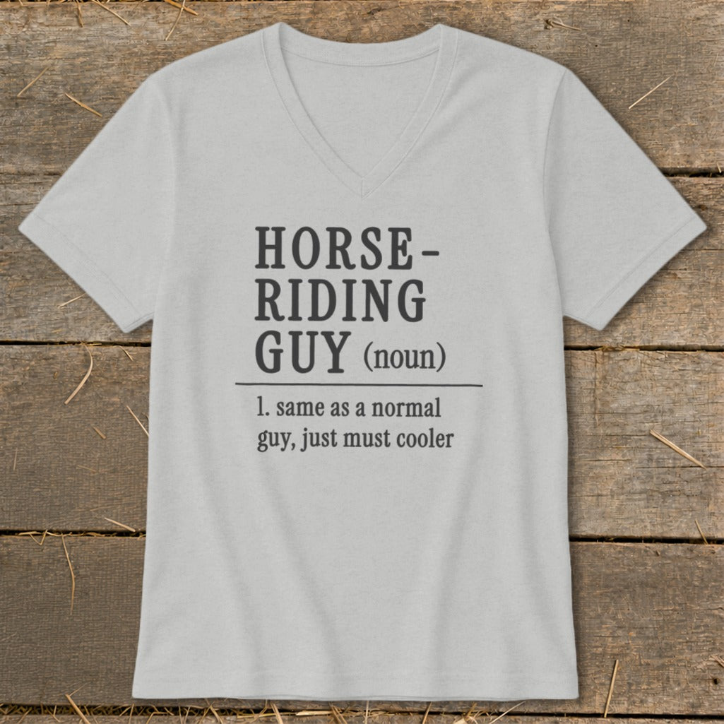 Grey t-shirt with "Horse-Riding Guy (noun) 1. same as a normal guy, just must cooler" text.