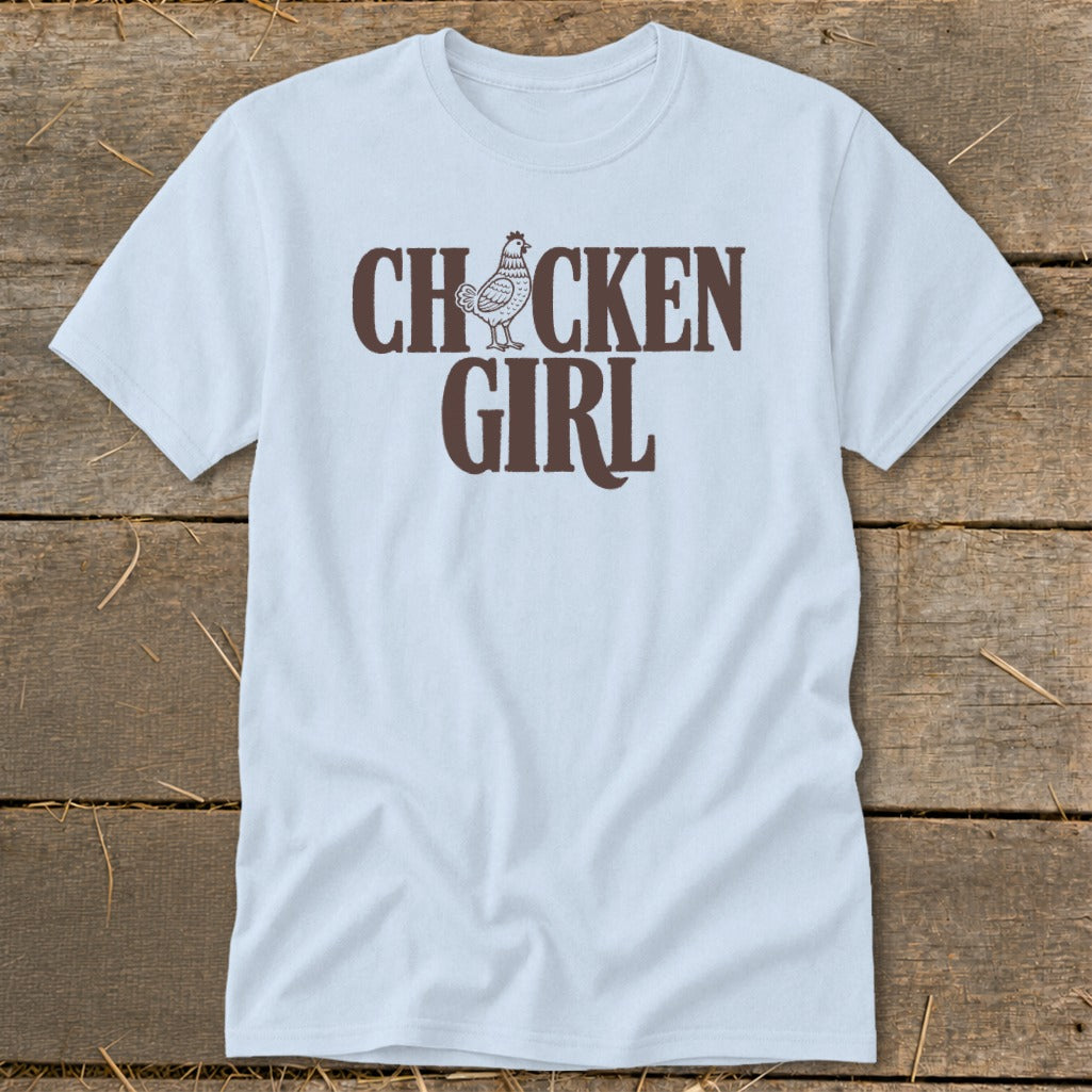 Light blue t-shirt with "CHICKEN GIRL" graphic and a chicken illustration.