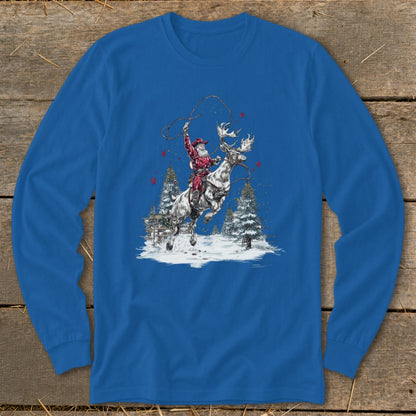 Santa on a reindeer with a lasso in a snowy forest scene.