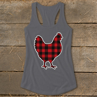 Gray racerback tank top with a red and black buffalo plaid chicken design.