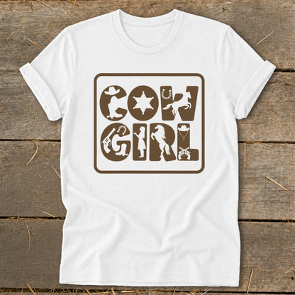 White t-shirt with brown "COWGIRL" text formed by western icons.