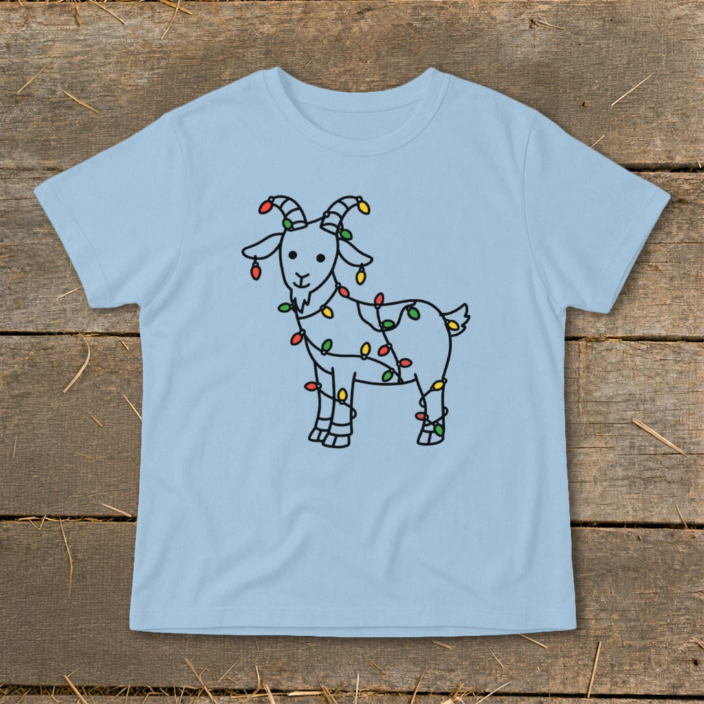 Light blue t-shirt with a cartoon goat wrapped in colorful Christmas lights.