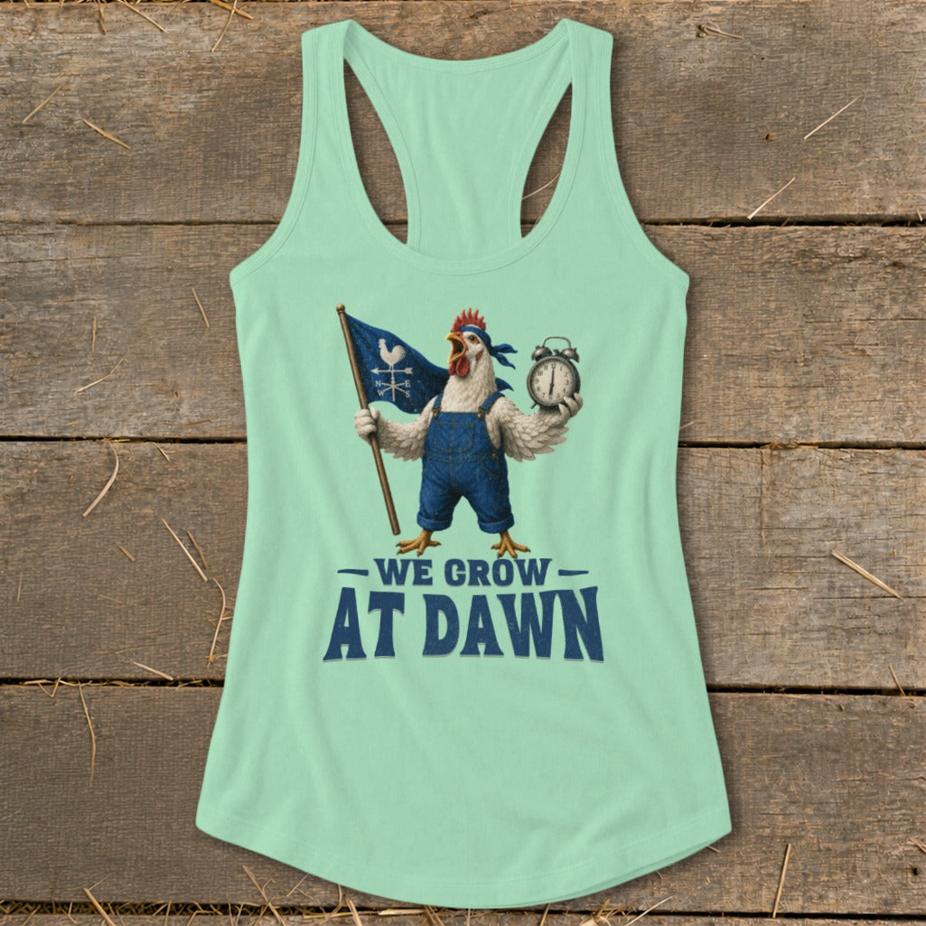 Light green tank top with a chicken holding a flag and alarm clock, text says "We Grow At Dawn".