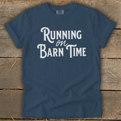 Navy blue t-shirt with white text that reads "Running on Barn Time."