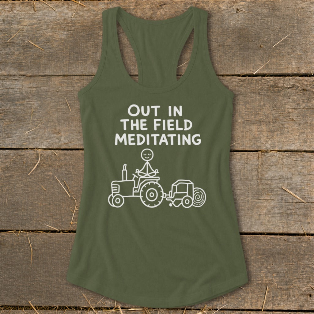 Olive green tank top with white text and graphic of person meditating on tractor.
