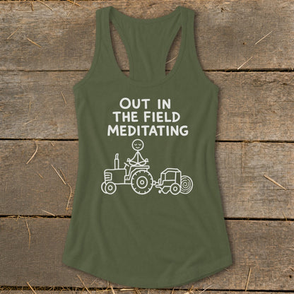 Olive green tank top with white text and graphic of person meditating on tractor.