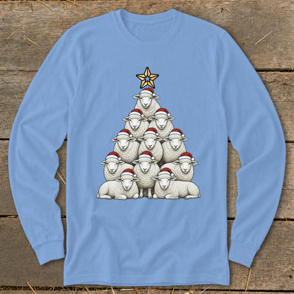 Light blue long sleeve shirt with a Christmas tree made of sheep wearing Santa hats.