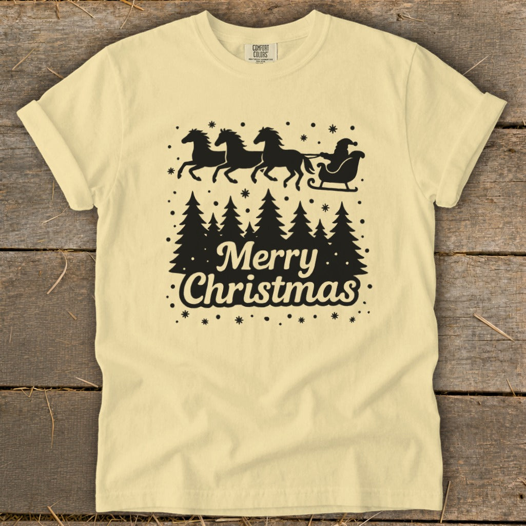 Light yellow t-shirt with a black graphic of Santa's sleigh pulled by horses and "Merry Christmas" text.