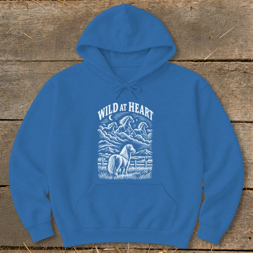 Blue hoodie with "WILD AT HEART" text and a horse illustration.
