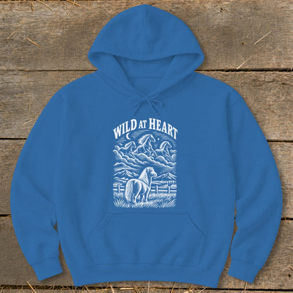 Blue hoodie with "WILD AT HEART" text and a horse illustration.