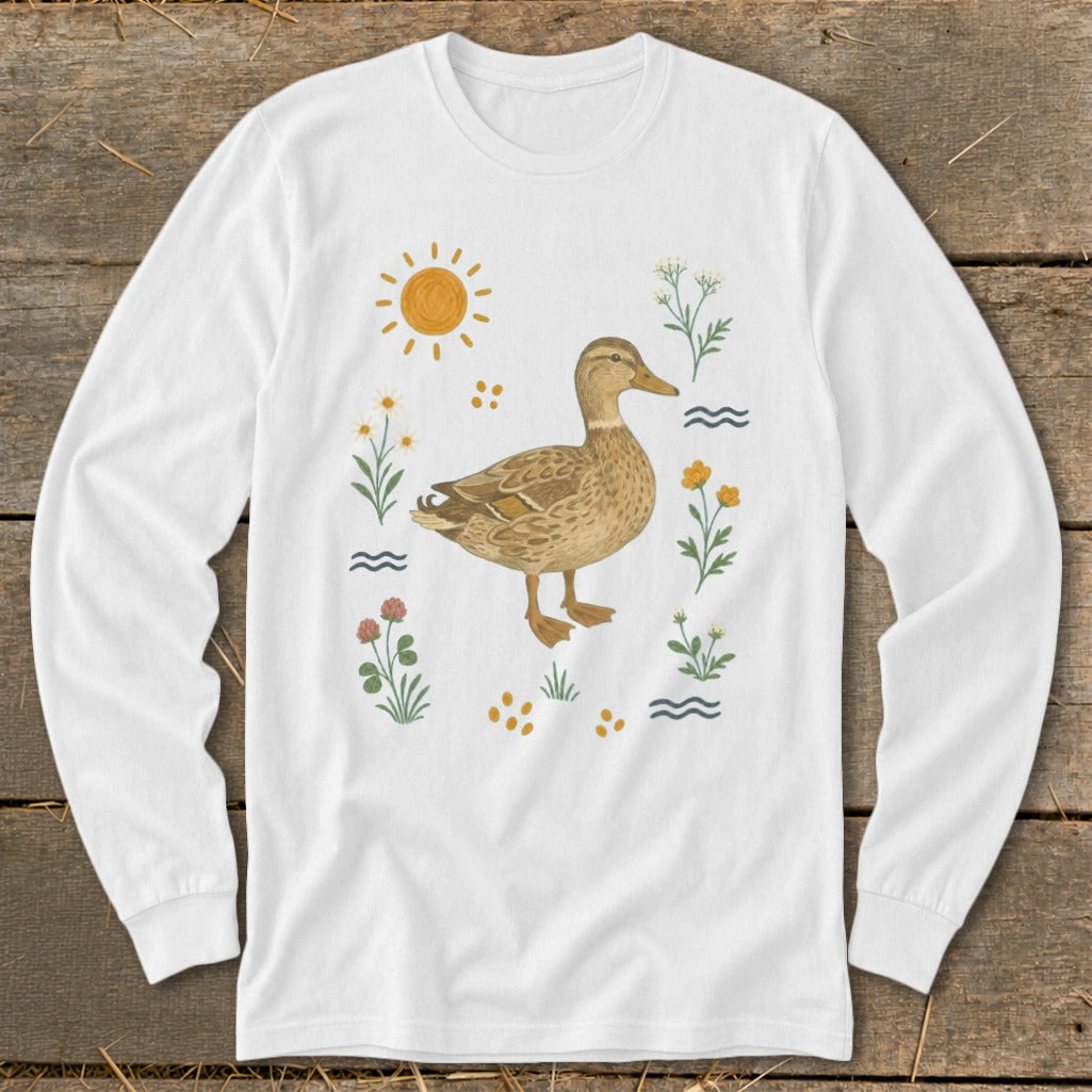 White long-sleeve t-shirt with a duck illustration and surrounding nature elements.