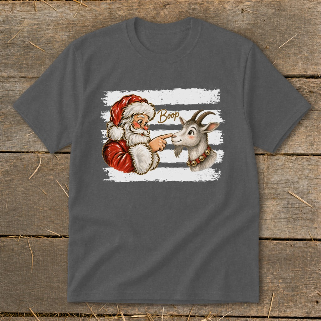 Santa booping a goat on the nose with the word "Boop" above.