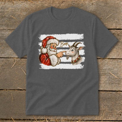 Santa booping a goat on the nose with the word "Boop" above.