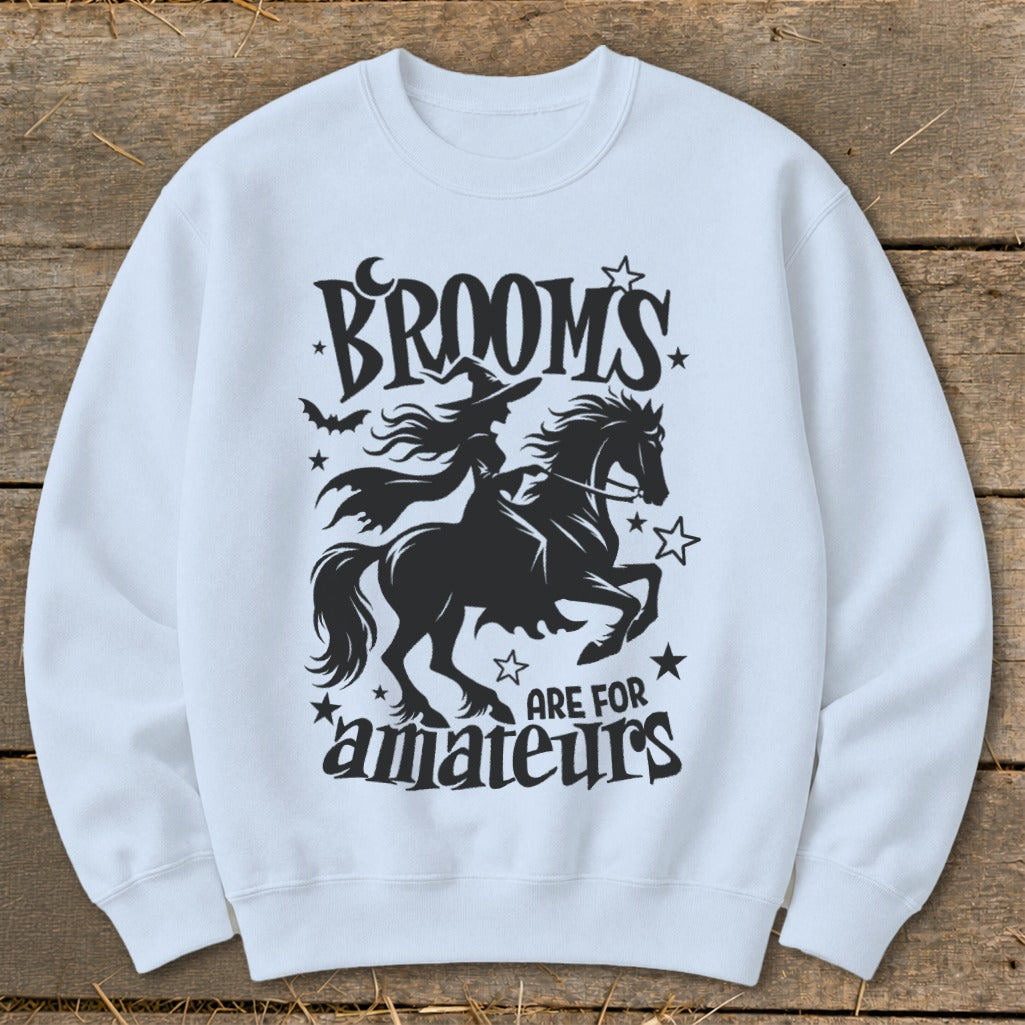 Light blue sweatshirt with "BROOM'S ARE FOR amateurs" Halloween witch graphic.