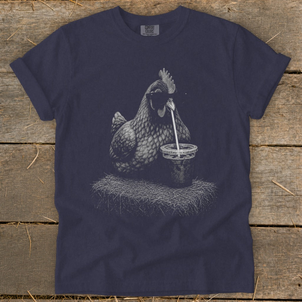 Dark navy t-shirt with graphic of a chicken drinking from a cup with a straw.