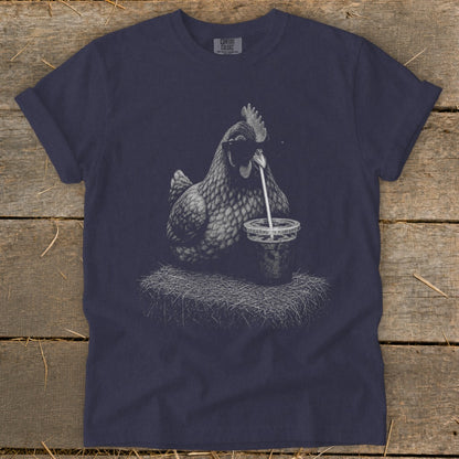 Dark navy t-shirt with graphic of a chicken drinking from a cup with a straw.