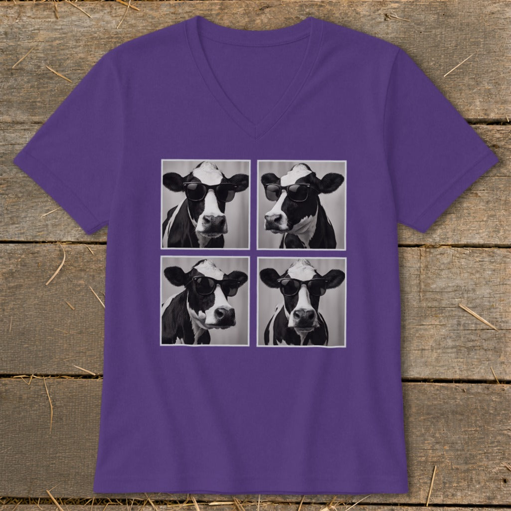 Purple t-shirt with four black and white images of cows wearing sunglasses.
