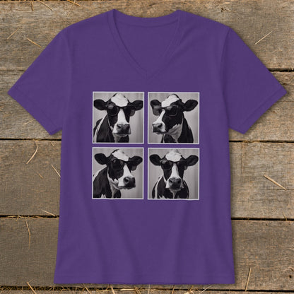 Purple t-shirt with four black and white images of cows wearing sunglasses.